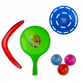Ракетка, 3 разноцветных шарика, бумеранг,летающая тарелка